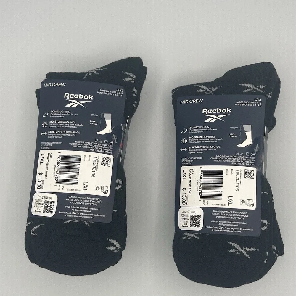 Reebok Mid Crew Performance Training Black Logo Socks - Men's Size 8.5 - 12.5